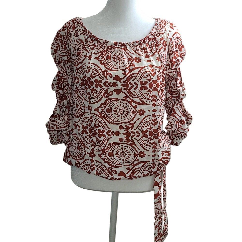 CeCe Floral Top Women's Size S 3/4 Sleeve Boho Rouched Cottagecore Y2K
